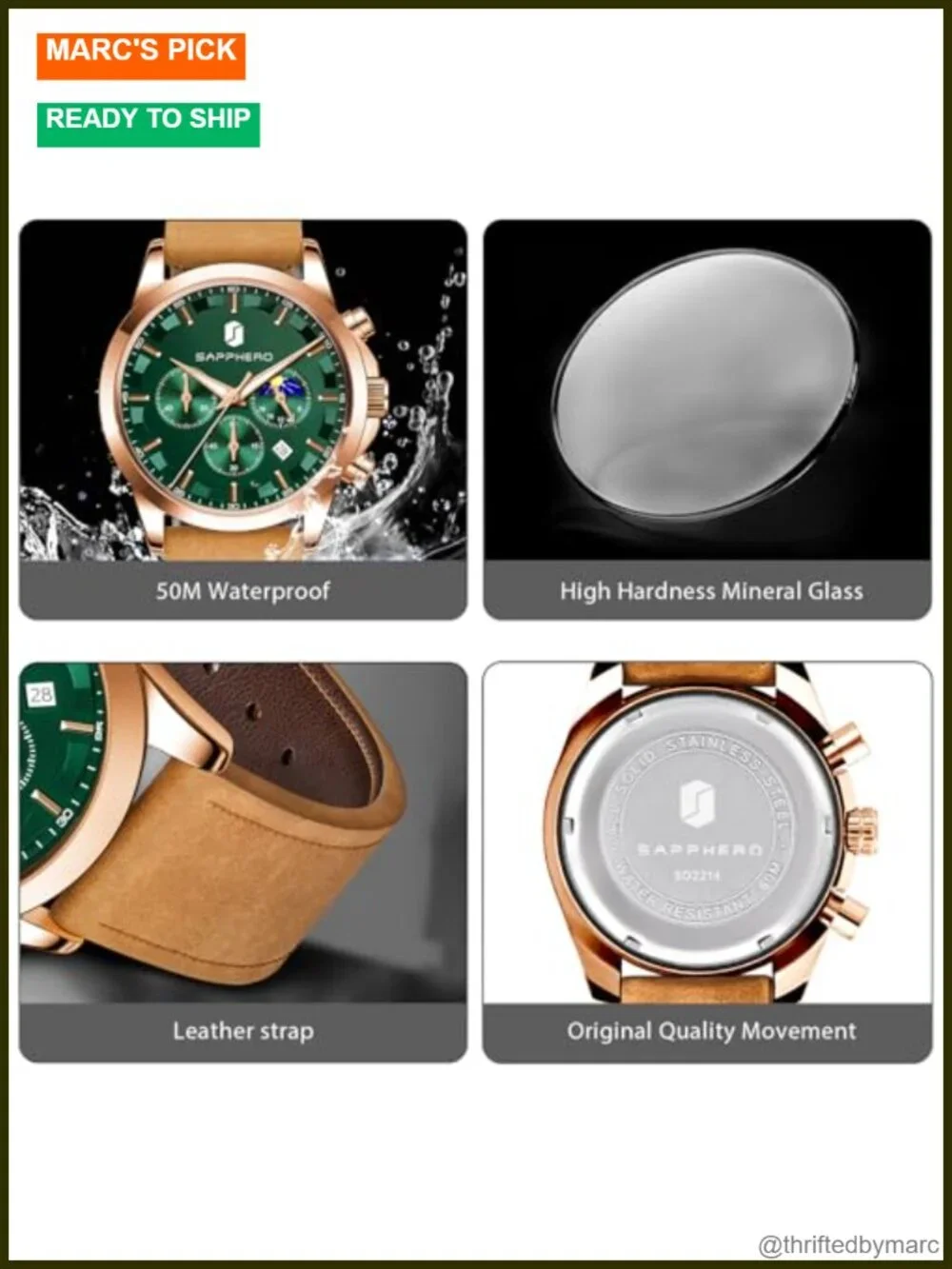 Chronograph Watch with Date Dial, Waterproof Luminous, Stainless Steel Case,